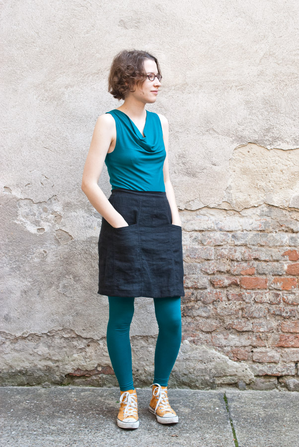 Self-drafted Teal Leggings and Maria Denmark Day-to-Night Drape Top: Side