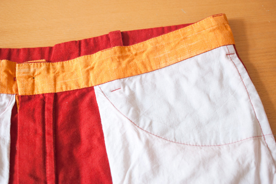 Bright Red Thread Theory Jutland Trousers: Inside Waistband and Front Pocket